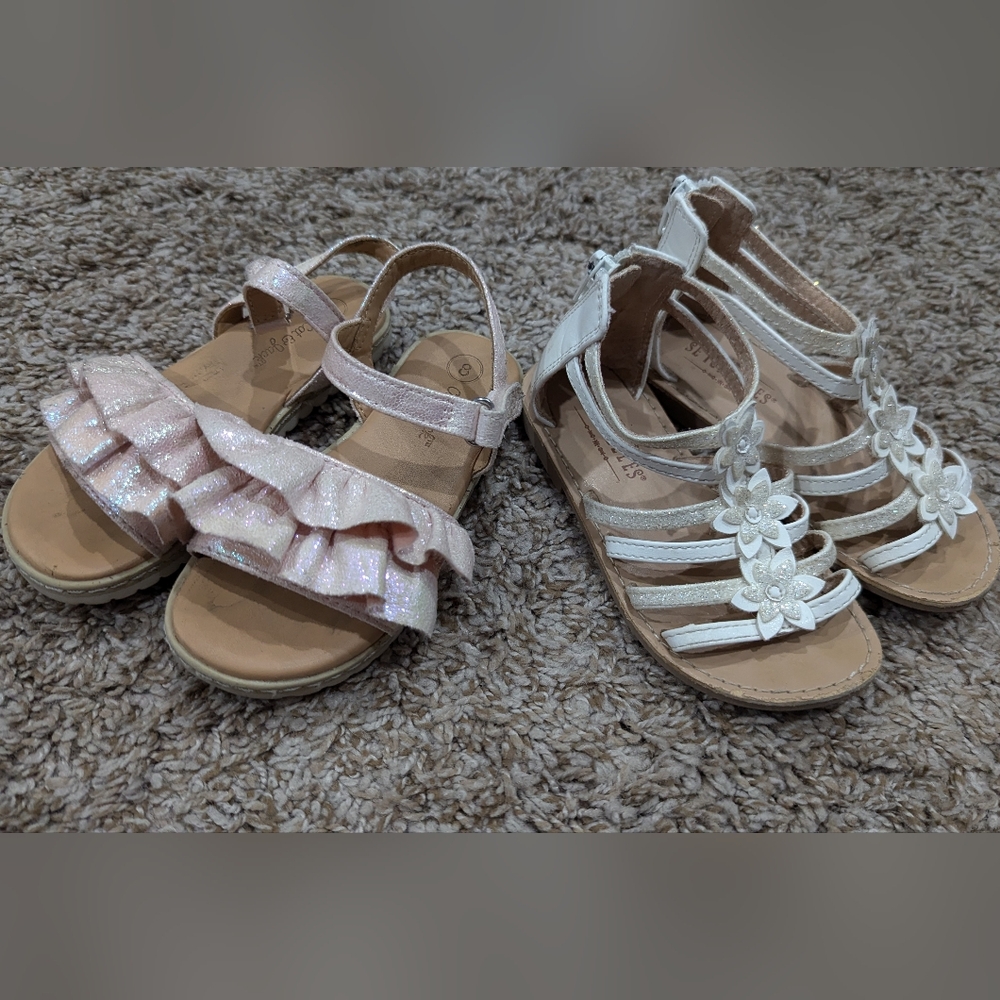Girl size 8 summer sandals pink ruffles and white flowers